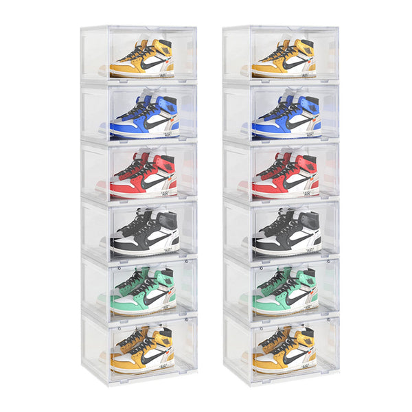 2X 6 Tier Transparent Portable Shoe Organiser Sneaker Footwear Folding Plastic Bin Stackable Storage Box with Magnetic Door