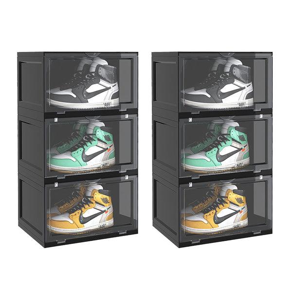 2X 3 Tier Black Portable Shoe Organiser Sneaker Footwear Folding Plastic Bin Stackable Storage Box with Magnetic Door