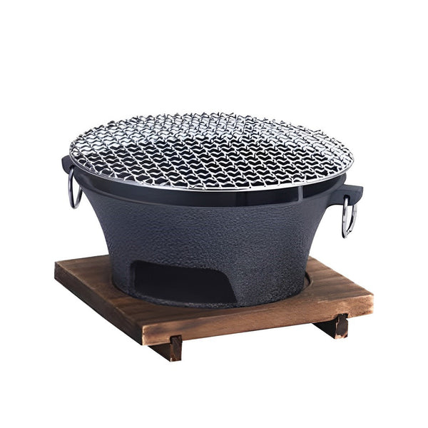 Medium Cast Iron Round Stove Charcoal Table Net Grill Japanese Style BBQ Picnic Camping with Wooden Board