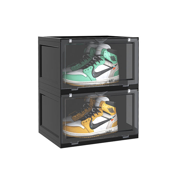 2 Tier Black Portable Shoe Organiser Sneaker Footwear Folding Plastic Bin Stackable Storage Box with Magnetic Door