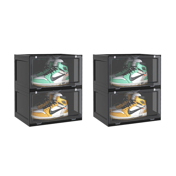 2X 2 Tier Black Portable Shoe Organiser Sneaker Footwear Folding Plastic Bin Stackable Storage Box with Magnetic Door