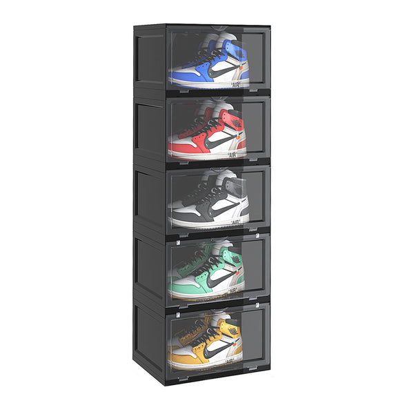 5 Tier Black Portable Shoe Organiser Sneaker Footwear Folding Plastic Bin Stackable Storage Box with Magnetic Door