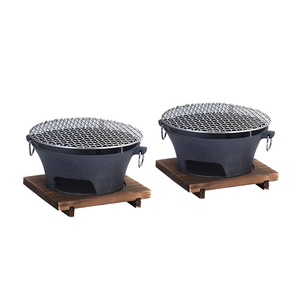 2X Small Cast Iron Round Stove Charcoal Table Net Grill Japanese Style BBQ Picnic Camping with Wooden Board