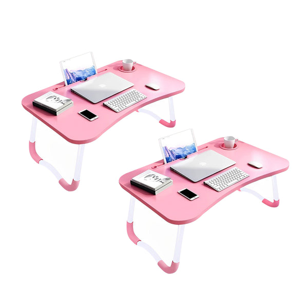 2X Pink Portable Bed Table Adjustable Folding Mini Desk Notebook Stand Card Slot Holder with Cup-Holder Home Decor