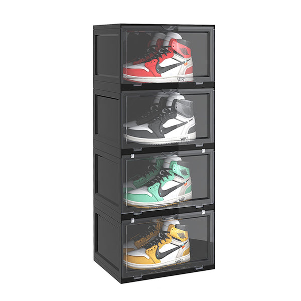 4 Tier Black Portable Shoe Organiser Sneaker Footwear Folding Plastic Bin Stackable Storage Box with Magnetic Door