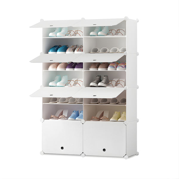 7 Tier 2 Column White Shoe Rack Organizer Sneaker Footwear Storage Stackable Stand Cabinet Portable Wardrobe with Cover