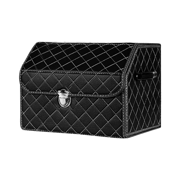 Leather Car Boot Collapsible Foldable Trunk Cargo Organizer Portable Storage Box Black/White Stitch with Lock Small