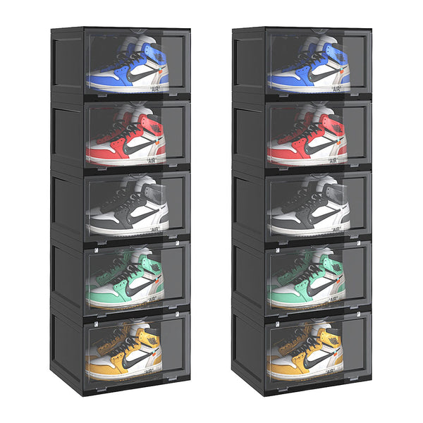 2X 5 Tier Black Portable Shoe Organiser Sneaker Footwear Folding Plastic Bin Stackable Storage Box with Magnetic Door