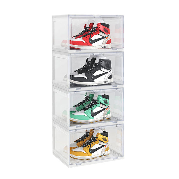 4 Tier Transparent Portable Shoe Organiser Sneaker Footwear Folding Plastic Bin Stackable Storage Box with Magnetic Door