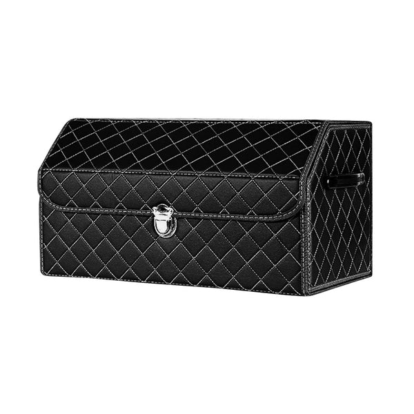 Leather Car Boot Collapsible Foldable Trunk Cargo Organizer Portable Storage Box Black/White Stitch with Lock Medium
