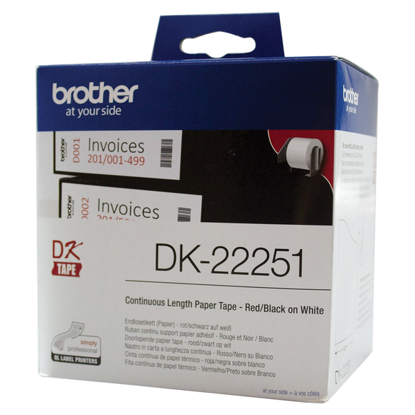 Brother DK-22251 White Continuous Paper Roll, 62mm x 15.24m (with Black/Red Print)