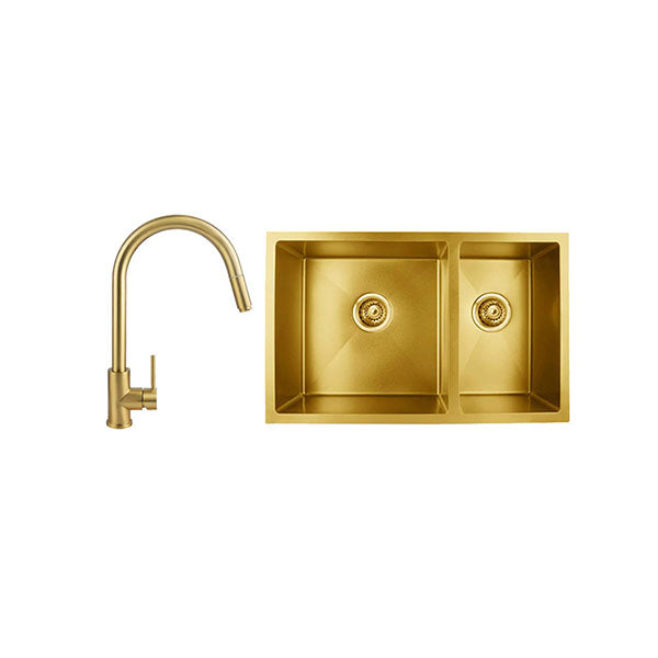 Brushed Gold Pull Out Tap Handmade Double Bowls Kitchen Mixer Tap Set