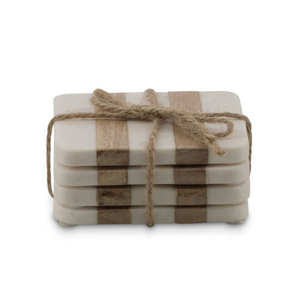 Set Of 4 Striped Wood And Marble Coaster Set