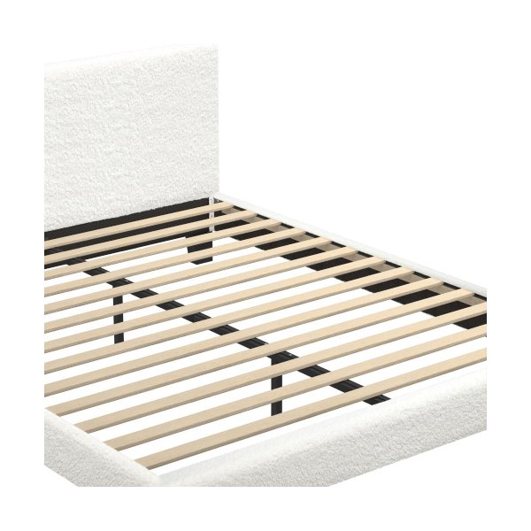Double Bed Frame Wooden Slats Boucle Fabric White