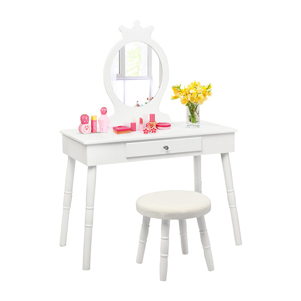 Vanity Makeup Table Set with Real Mirror for Little Girls White