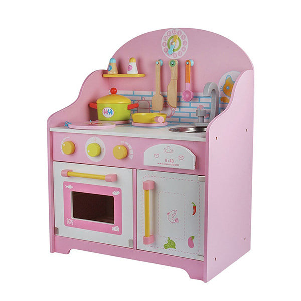 Wooden Kitchen Playset For Kids With Clock Japanese Style Set Pink