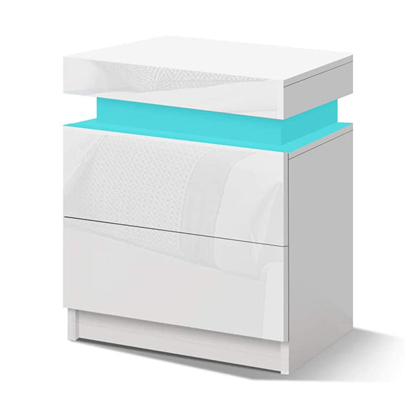 Bedside Table Rgb Led Nightstand 2 Drawers 4 Side High Gloss White