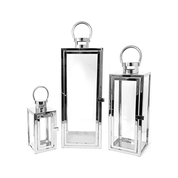 Floor Lantern Candle Holder Stainless Steel Sq Silver Set Of 3