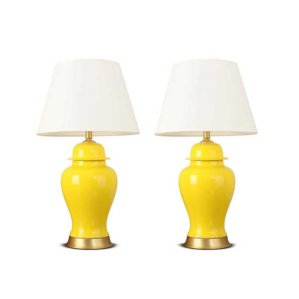 Soga 2X Oval Ceramic Table Lamp With Gold Metal Base Desk Lamp Yellow