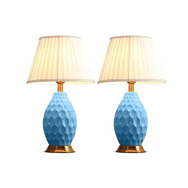 Soga 2X Textured Ceramic Oval Table Lamp With Gold Metal Base Blue