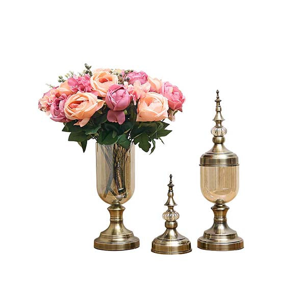 Soga 2X Glass Flower Vase With Lid And Pink Flower Filler Bronze Set