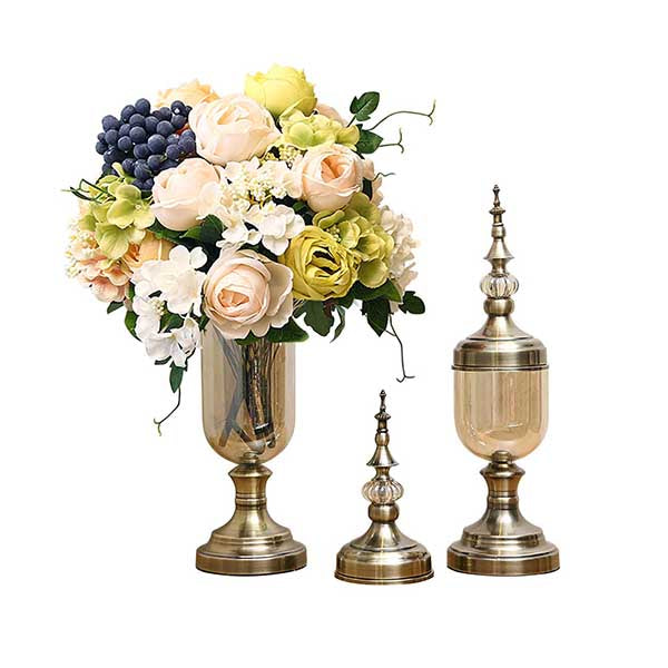 Soga 2X Clear Glass Flowervase With Lid And White Flower Filler Bronze