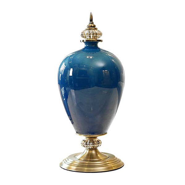 Soga Ceramic Oval Flower Vase With Base Metal Gold Dark Blue