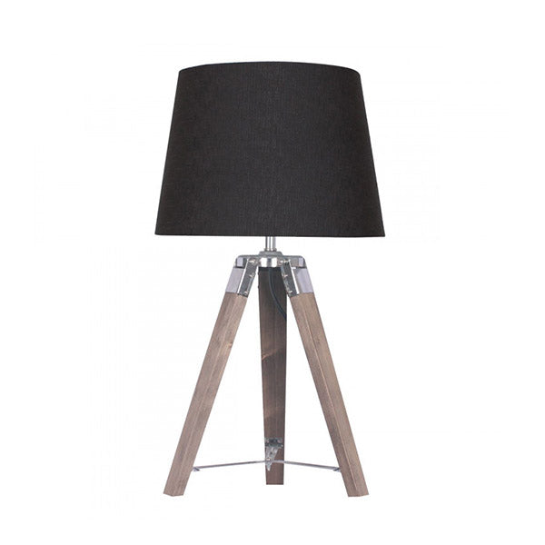 Wooden Tripod Table Lamp With Black Linen