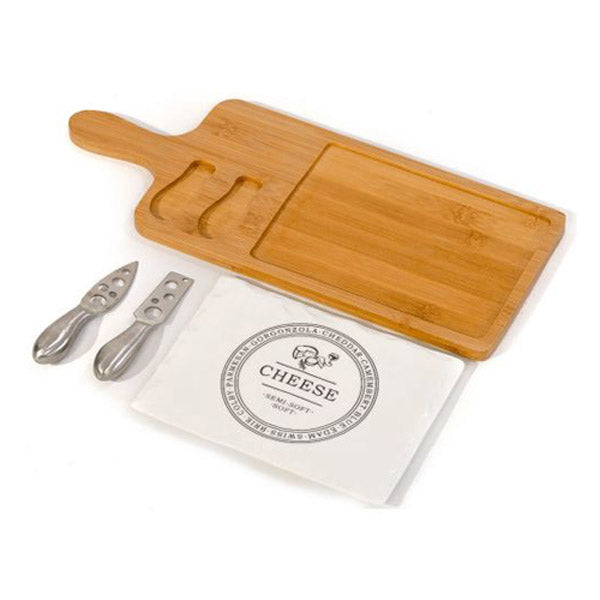 Rectangular Porcelain Cheeseboard On Bamboo Base With 2 Knives 415Mm