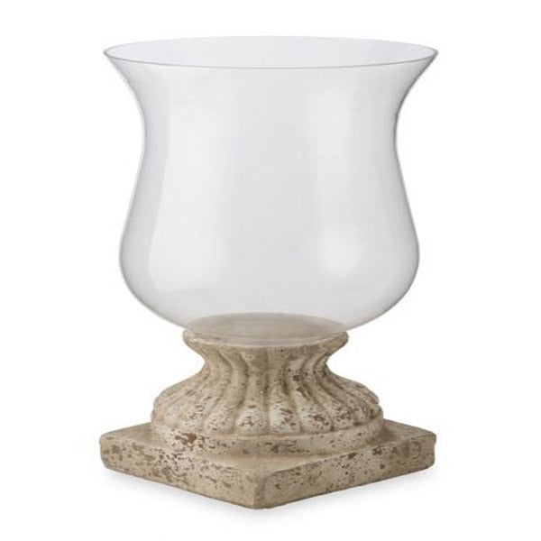 Glass Hurricane Lamp On Cement Stand 27X27X50Cm