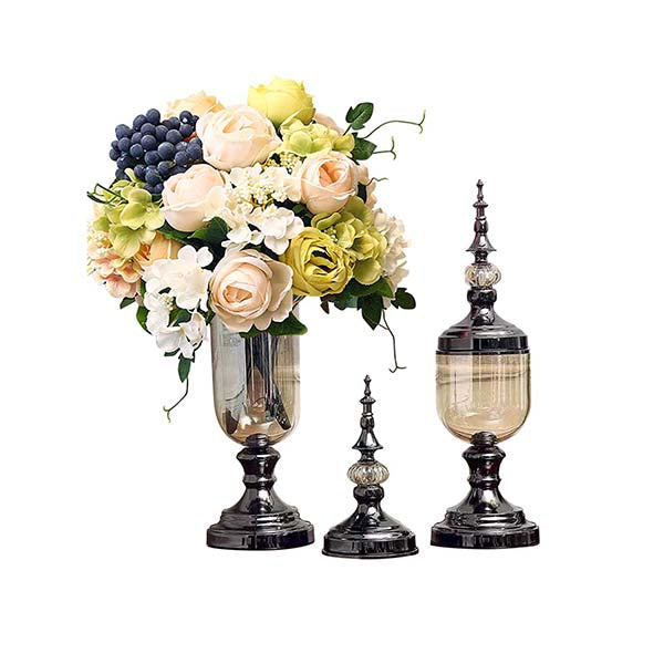 Soga 2X Glass Flower Vase With Lid And White Flower Filler Black Set