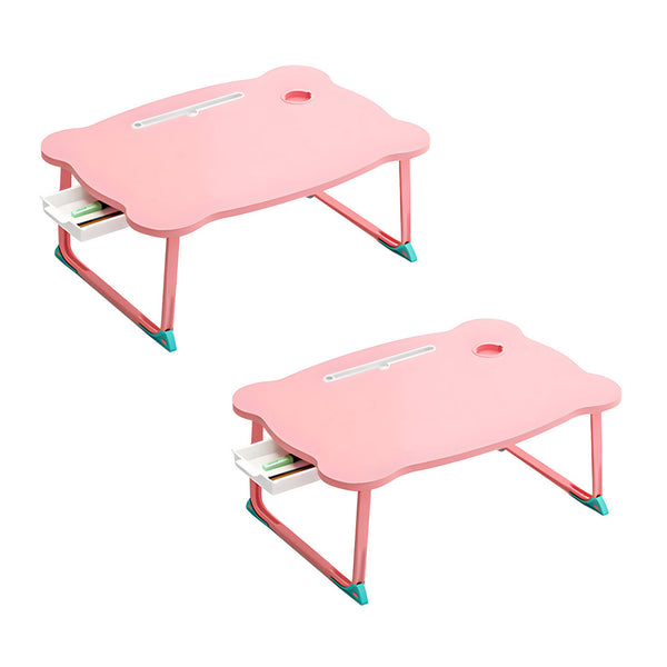 2X Pink Portable Bed Table Adjustable Folding Mini Desk With Mini Drawer and Cup-Holder Home Decor