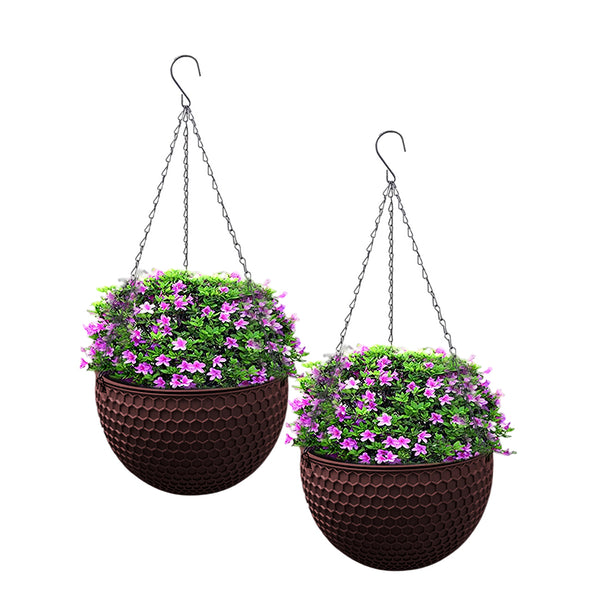 2X Coffee Medium Hanging Resin Flower Pot Self Watering Basket Planter Outdoor Garden Decor