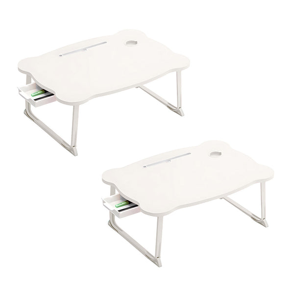 2X White Portable Bed Table Adjustable Folding Mini Desk With Mini Drawer and Cup-Holder Home Decor
