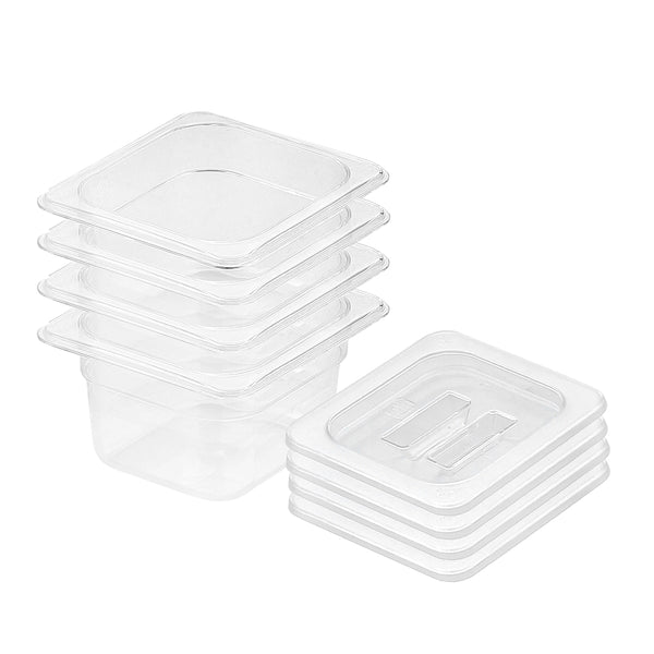 100mm Clear Gastronorm GN Pan 1/6 Food Tray Storage Bundle of 4 with Lid