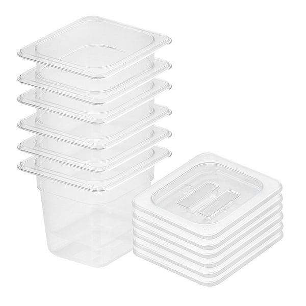 150mm Clear Gastronorm GN Pan 1/6 Food Tray Storage Bundle of 6 with Lid