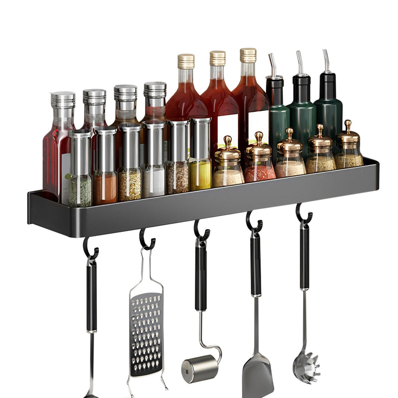 32cm Black Wall-Mounted Rectangular Kitchen Spice Storage Organiser Space Saving Condiments Shelf Rack with Hooks