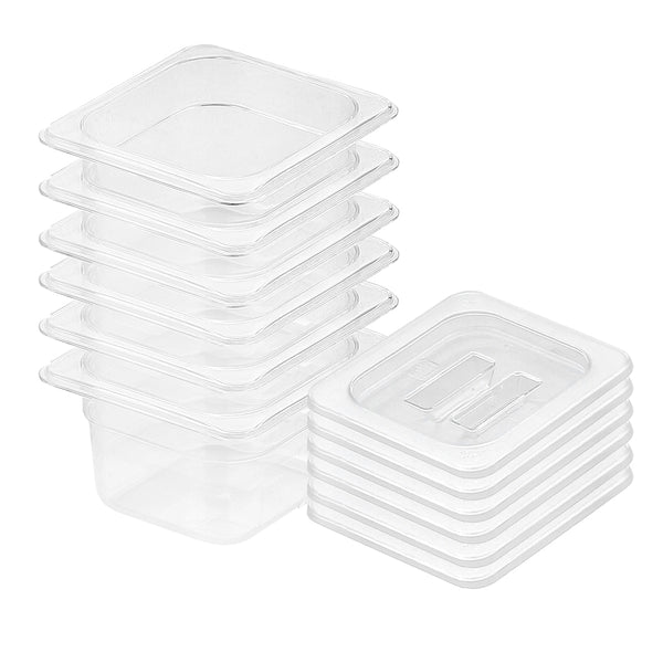 100mm Clear Gastronorm GN Pan 1/6 Food Tray Storage Bundle of 6 with Lid