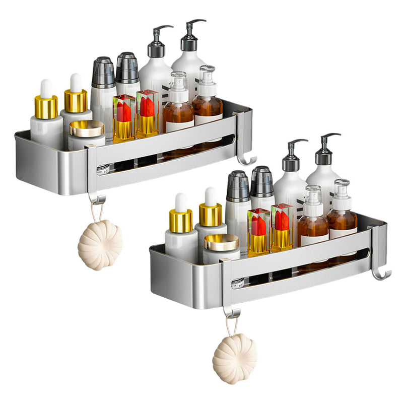 2X Silver Wall-Mounted Rectangular Bathroom Storage Organiser Space Saving Adhesive Shelf Rack with Hooks