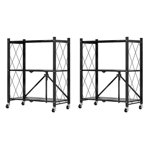 2X 3 Tier Steel Black Foldable Kitchen Cart Multi-Functional Shelves Portable Storage Organizer with Wheels