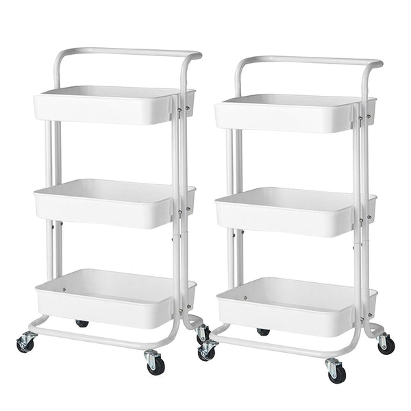 2X 3 Tier Steel White Movable Kitchen Cart Multi-Functional Shelves Portable Storage Organizer with Wheels