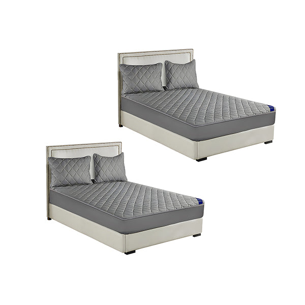 2X Grey 138Cm Wide Cross Hatch Mattress Cover Quilted Stretchable