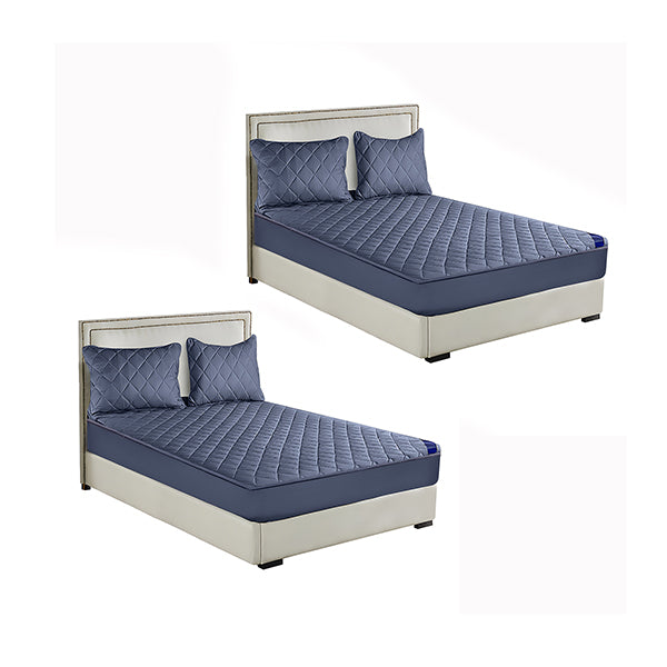 2X Blue 138Cm Wide Cross Hatch Mattress Cover Thick Quilted