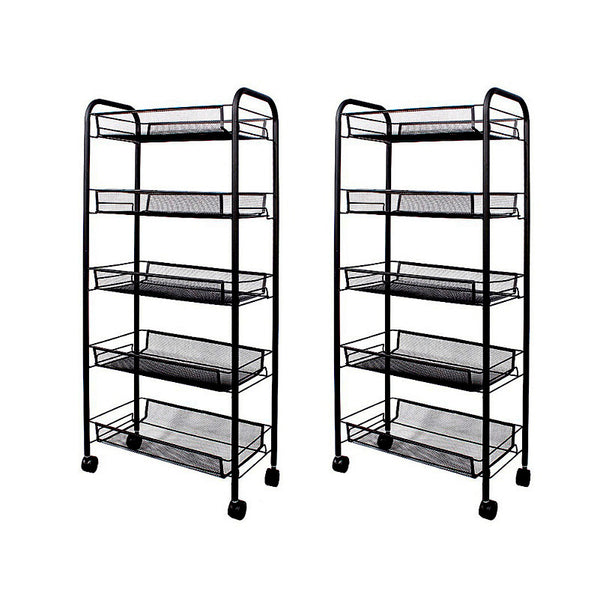 2X 5 Tier Steel Black Bee Mesh Kitchen Cart Multi-Functional Shelves Portable Storage Organizer with Wheels