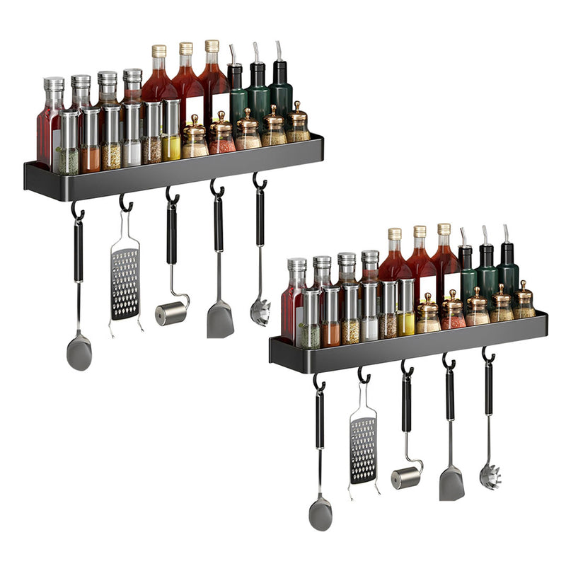 2X 32cm Black Wall-Mounted Rectangular Kitchen Spice Storage Organiser Space Saving Condiments Shelf Rack with Hooks