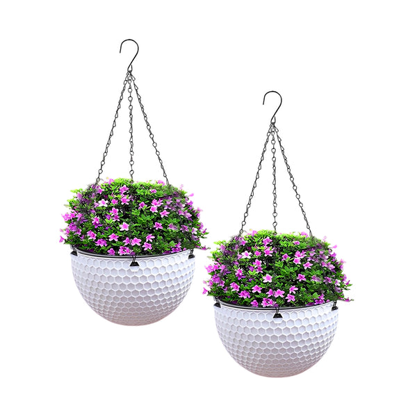 2X White Small Hanging Resin Flower Pot Self Watering Basket Planter Outdoor Garden Decor