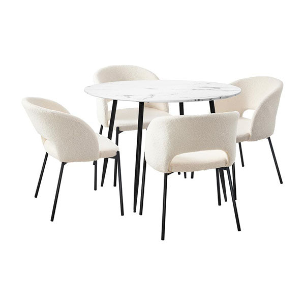 110Cm Round Dining Table With 4Pcs Dining Chairs Sherpa White