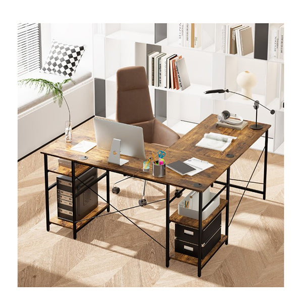 151cm Convertible L Shaped Computer Desk With 4 Storage Shelves Brown