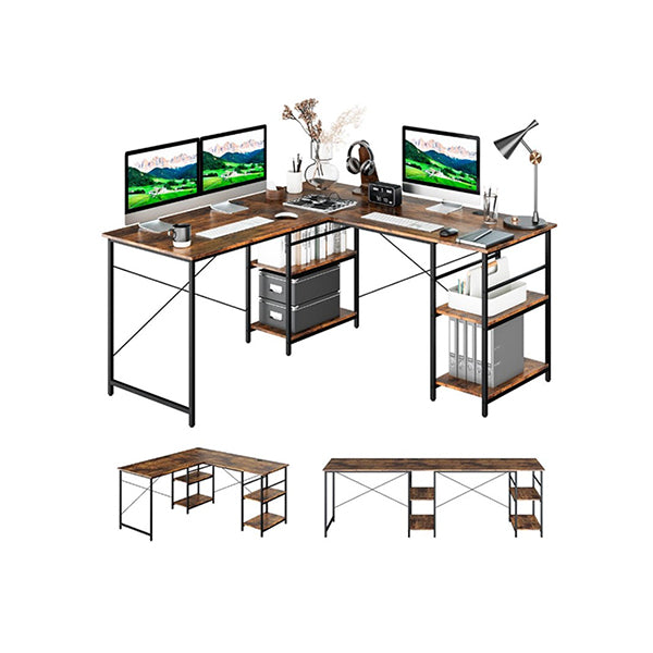 151cm Convertible L Shaped Computer Desk With 4 Storage Shelves Brown