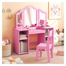 2 In 1 Kids Vanity Table And Chair Set With Tri Fold Mirror Pink